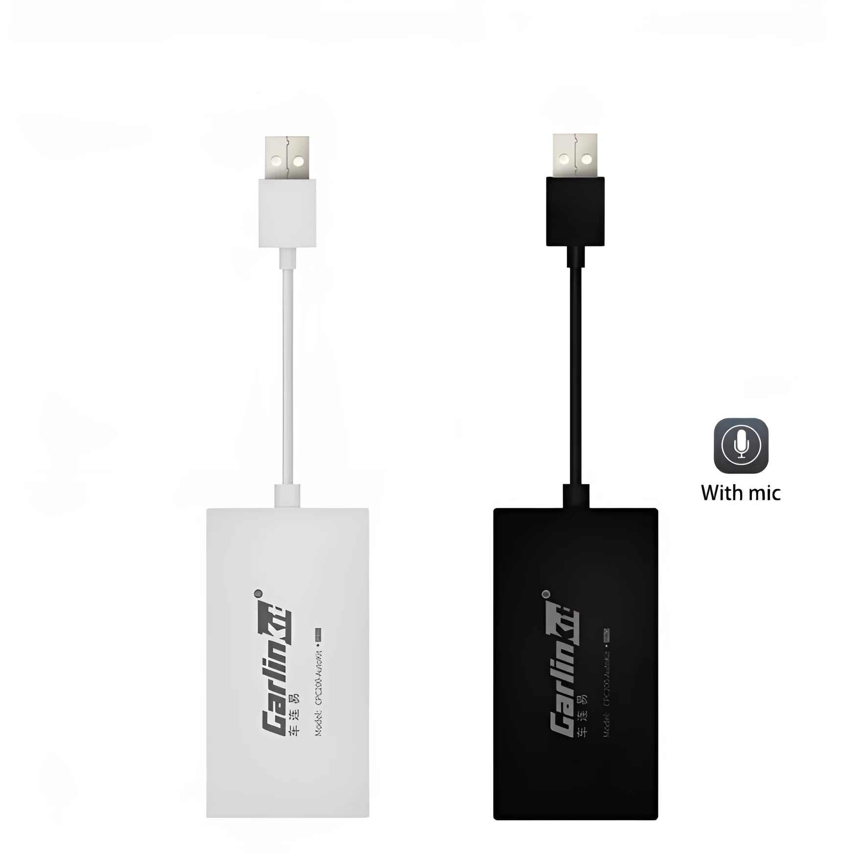 Black Wireless CarPlay USB dongle adapter for connecting iPhone to car navigation screen.