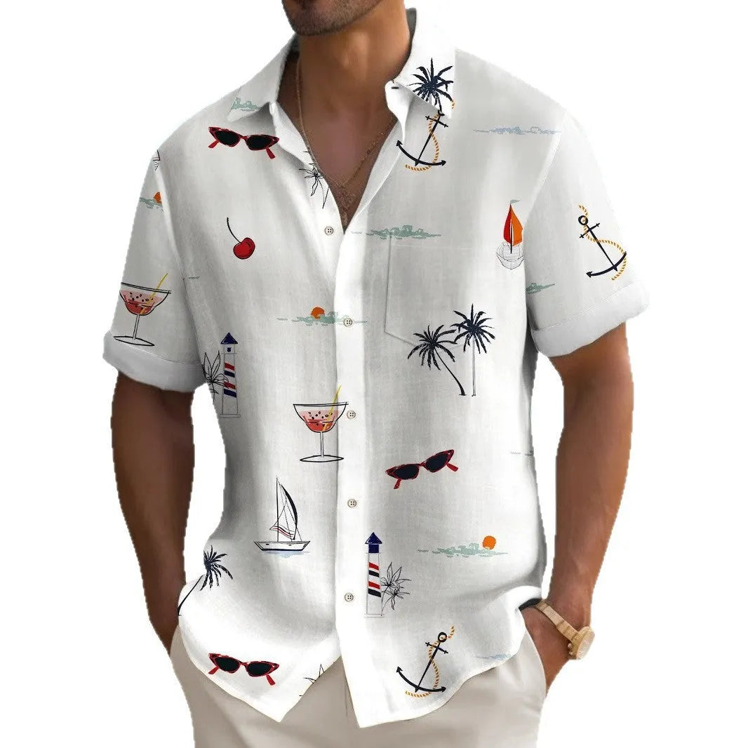 Man wearing a brightly coloured, digitally printed Hawaiian shirt with a loose fit and short sleeves.