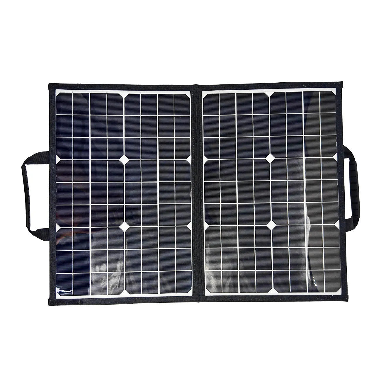 Black foldable solar panel bag showing its compact size and textured solar cell surface.