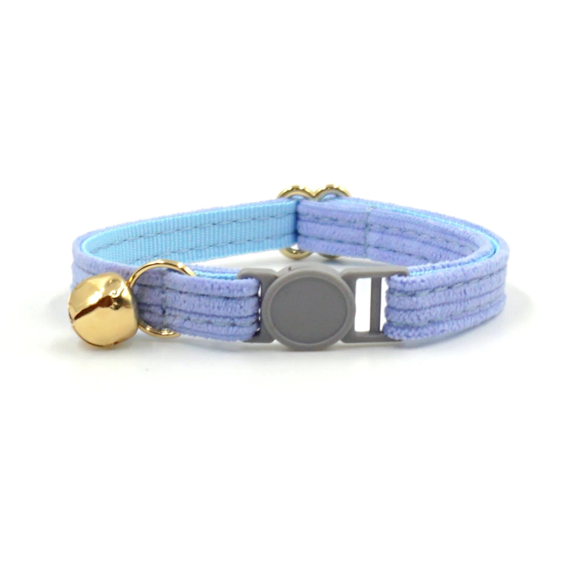 Cat collar with safety buckle and bell, available in corduroy or velvet, in multiple colours for small cats.