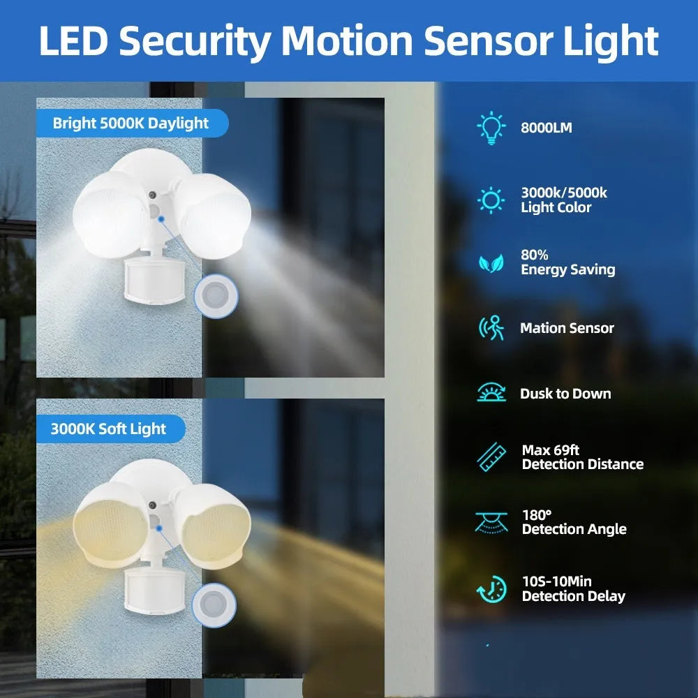 White LED security floodlight with motion sensor mounted on an exterior wall.