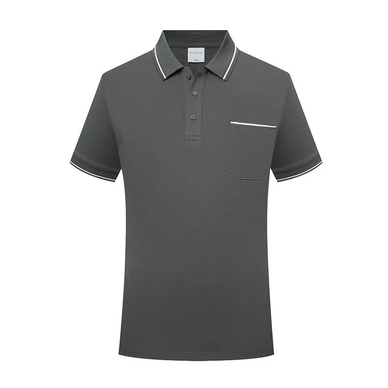 Apricot coloured lapel short sleeve polo shirt with a chest pocket on a spandex fabric.