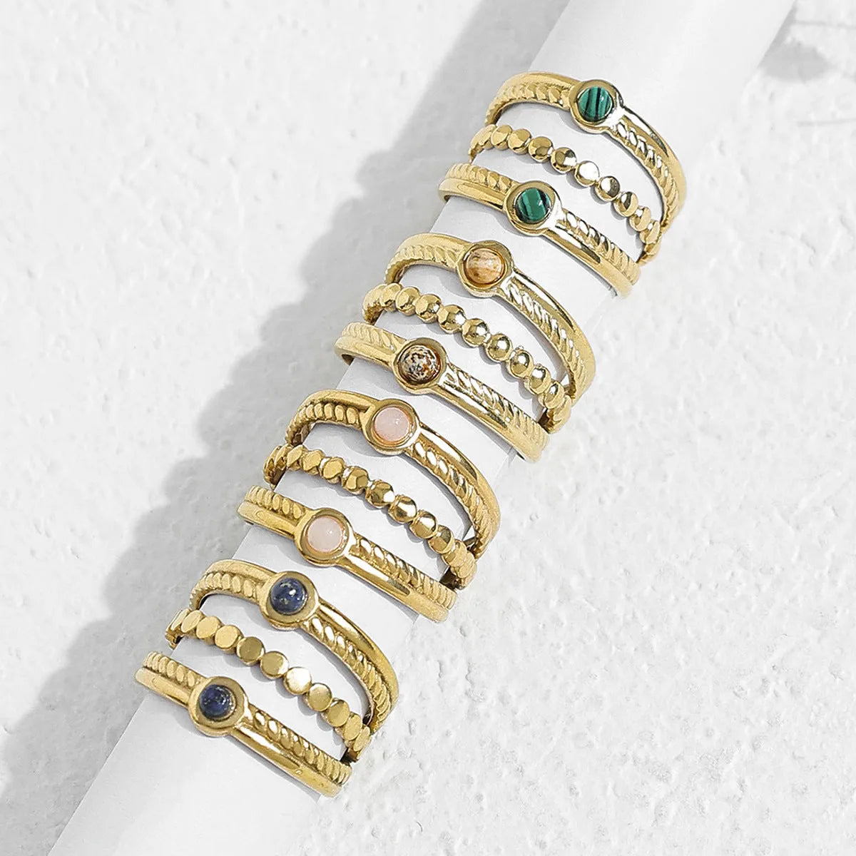 Natural stone multi-layer open ring in 304 stainless steel with gold plating, adjustable size, pink colour, geometric palace style