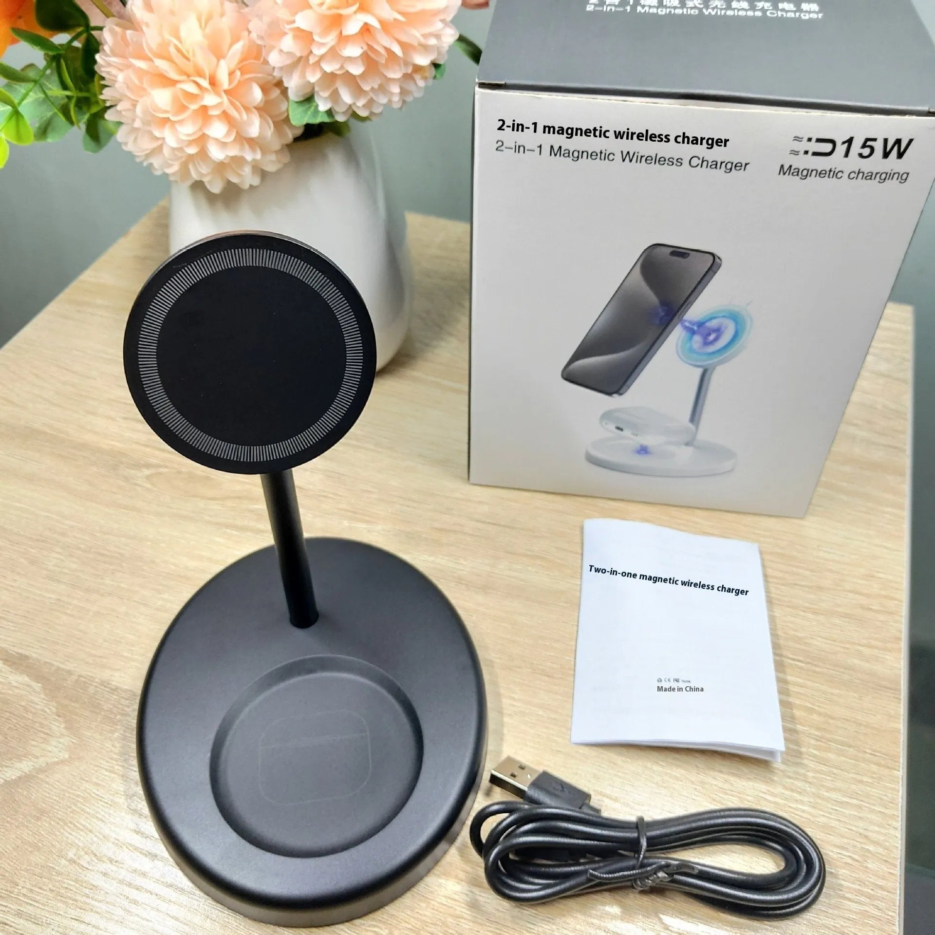 F179-White and F179-Black 30W vertical wireless fast charging stands with a cooling hole.