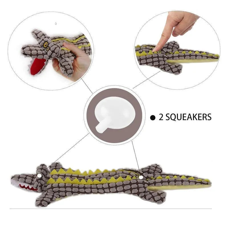 Blue corduroy crocodile-shaped squeaky dog toy shown next to size measurement