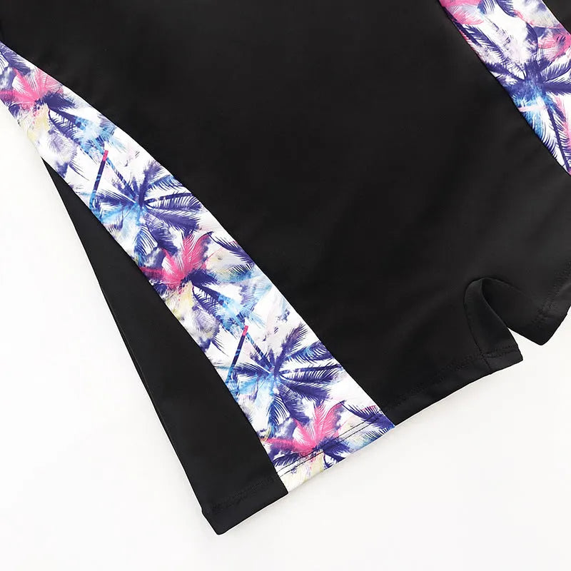 Women's stitched backless one-piece polyester swimsuit with floral print in blue