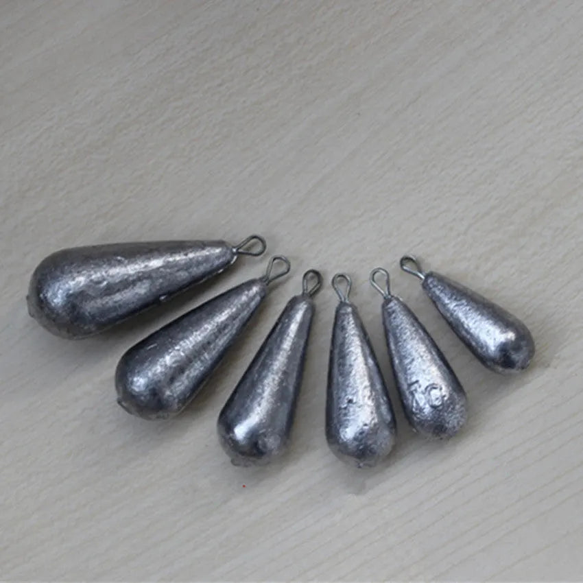 Lead drop shape fishing sinkers in weights 20g, 30g, 40g, 50g and a Tongxin 20g sinker on a blue background.