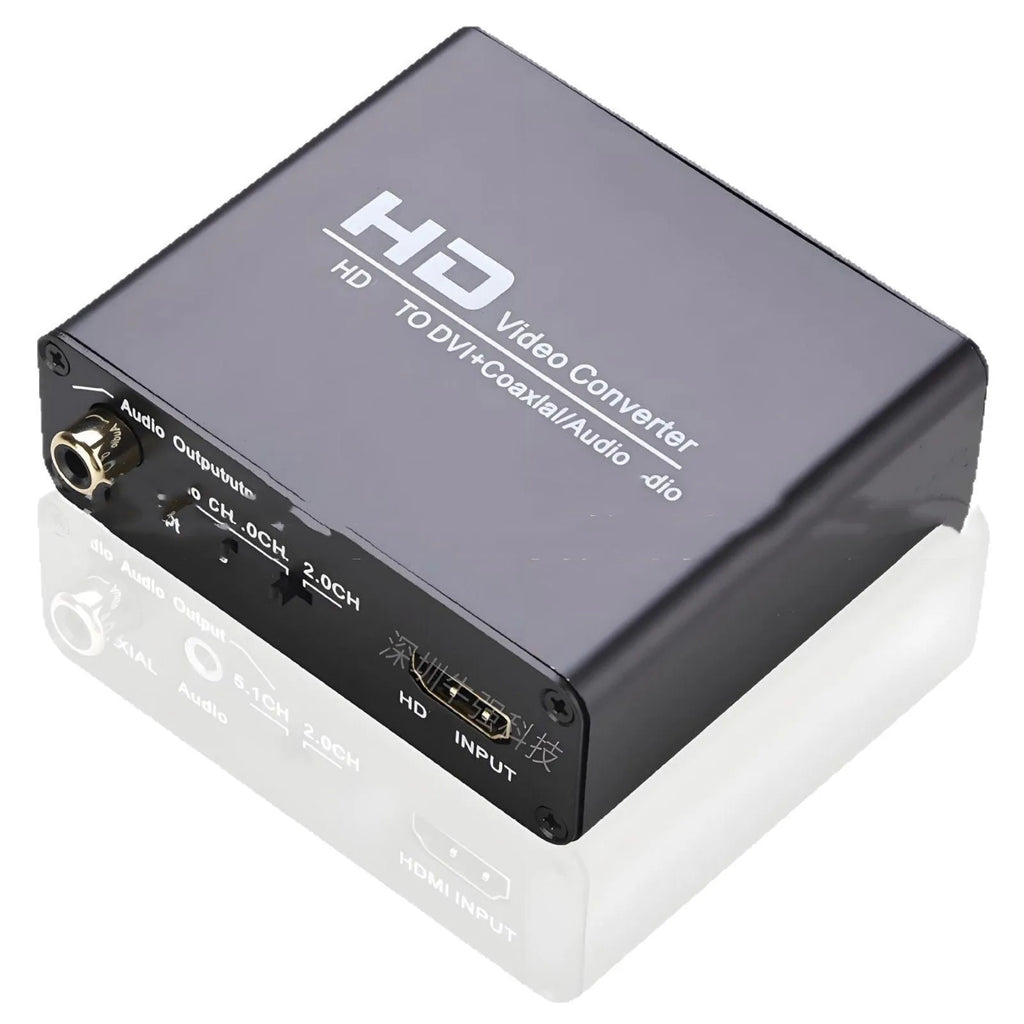 Black HDMI to DVI converter with coaxial audio output port, 1.5m cable, and power supply unit.