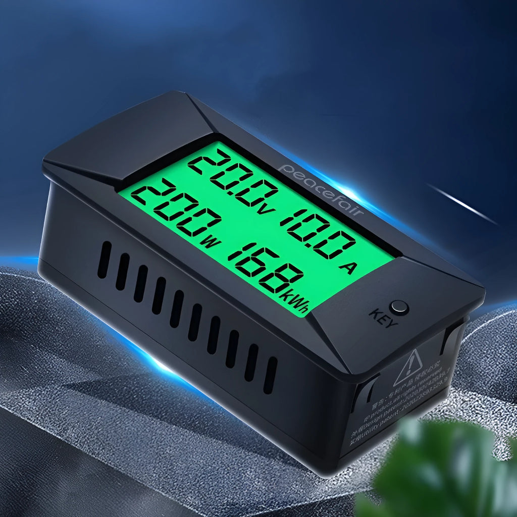 DC digital display voltmeter and ammeter panel meter with compact dimensions, showing host unit and wiring.