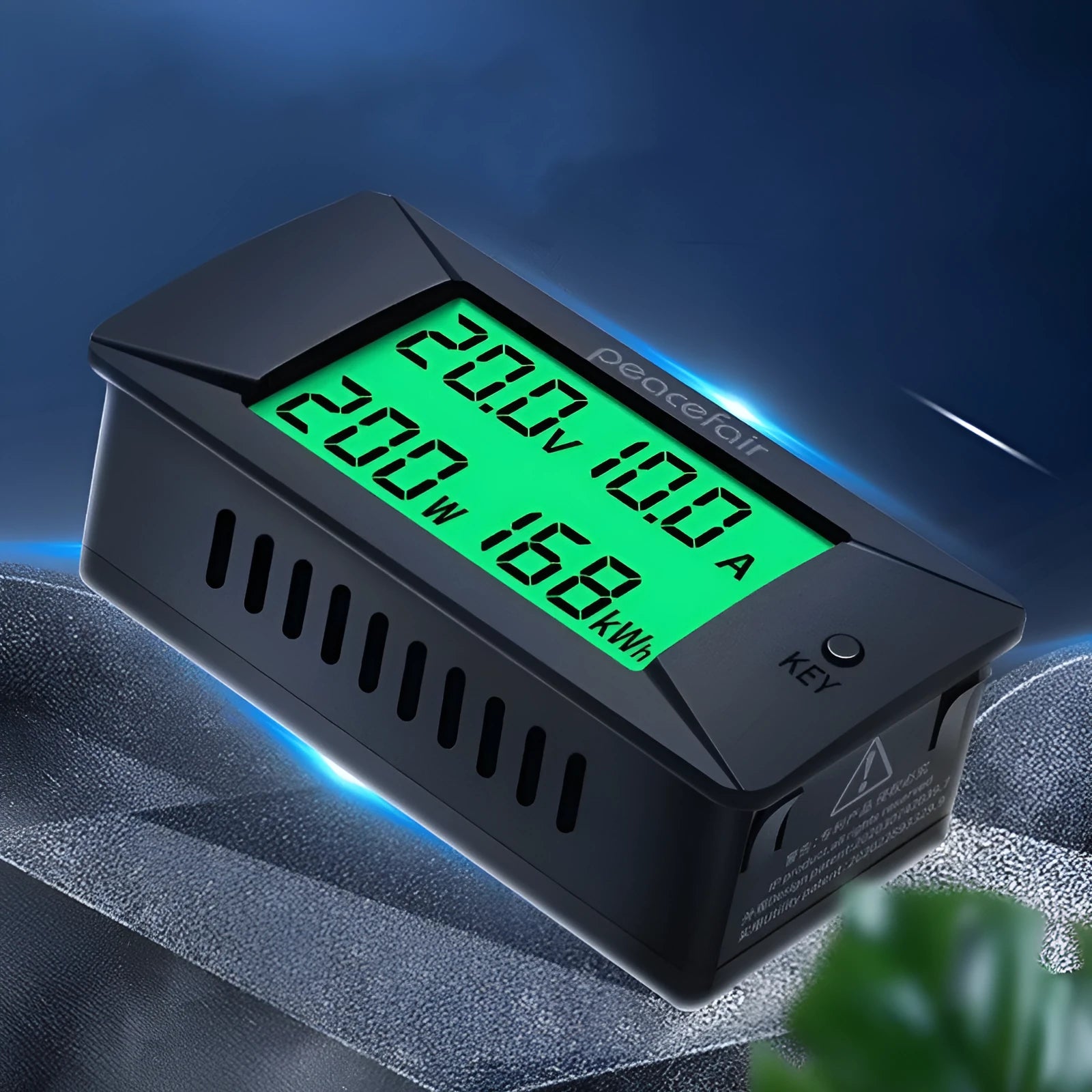 DC digital display voltmeter and ammeter panel meter with compact dimensions, showing host unit and wiring.
