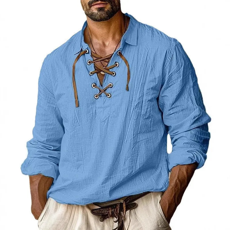 Men's plus size loose long sleeve shirt in blue with lapel collar and lace detail.
