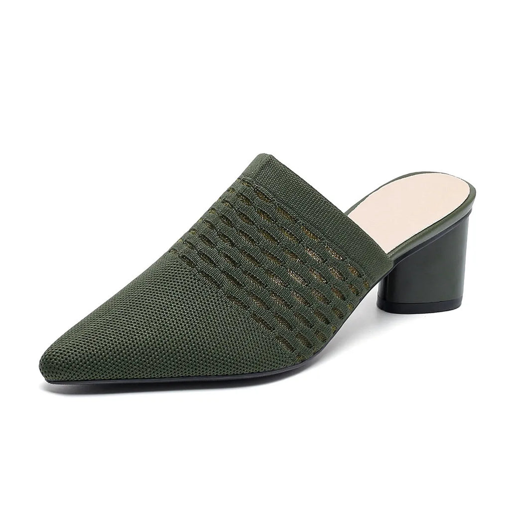 Women's pointed toe sandals with 5cm chunky heel in fabric construction with rubber sole