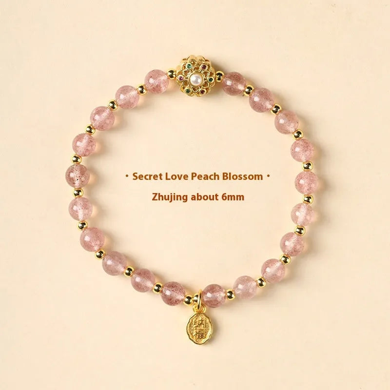 Hand-woven crystal bracelet with grey moonstone, sunstone, and strawberry quartz 6mm beads