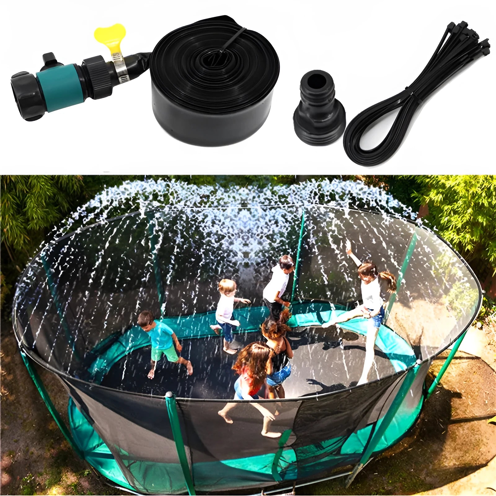 Blue portable plastic garden sprinkler with PVC switch on grass.
