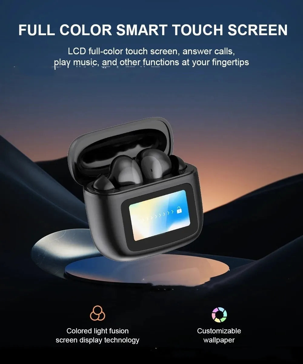 T68 PRO wireless Bluetooth in-ear headphones with colour touch screen display in black, silver, or Champagne.