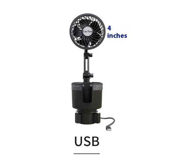 ABS plastic car cup holder fan showing 4-inch and 6-inch size options with 12V, 24V, and USB power plugs.