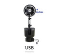 ABS plastic car cup holder fan showing 4-inch and 6-inch size options with 12V, 24V, and USB power plugs.