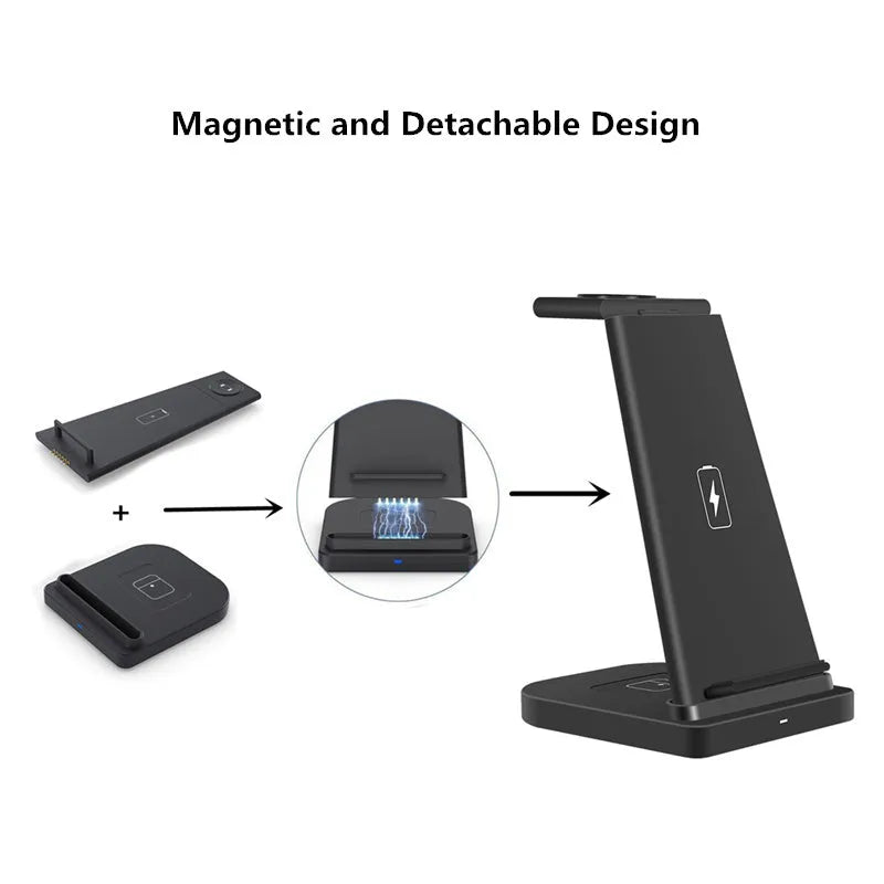 Black foldable 3-in-1 wireless charger showing phone, headphones and watch charging simultaneously
