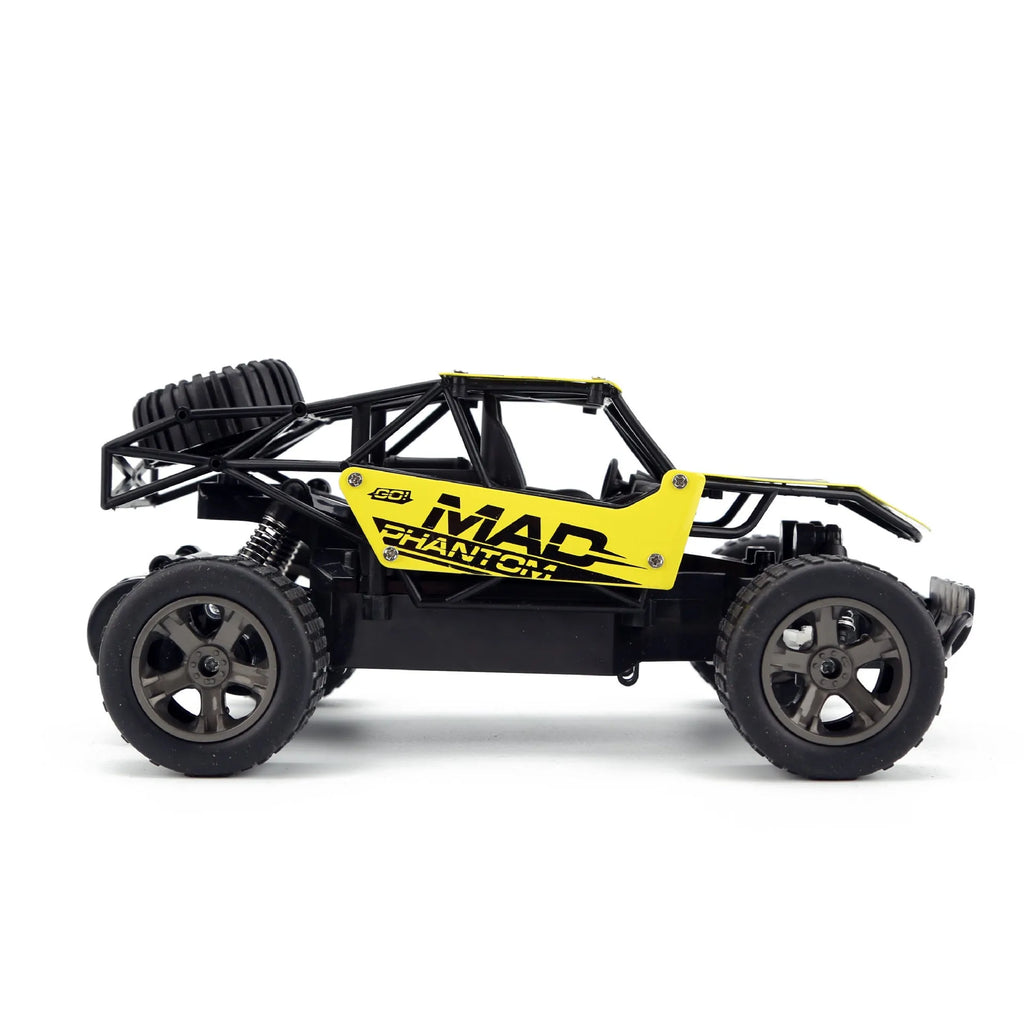 Blue 1:18 scale remote control off-road drift car with 2.4Ghz transmitter on a flat surface.