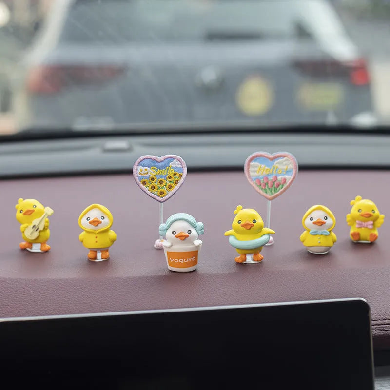 PVC cartoon duckling car dashboard decoration set with 6 small ducks and one sign