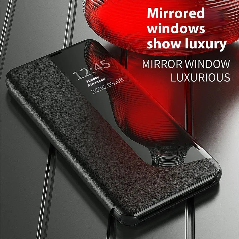 Huawei phone case with magnetic side window, flip bracket, PC leather, Chinese red colour, for Mate 60