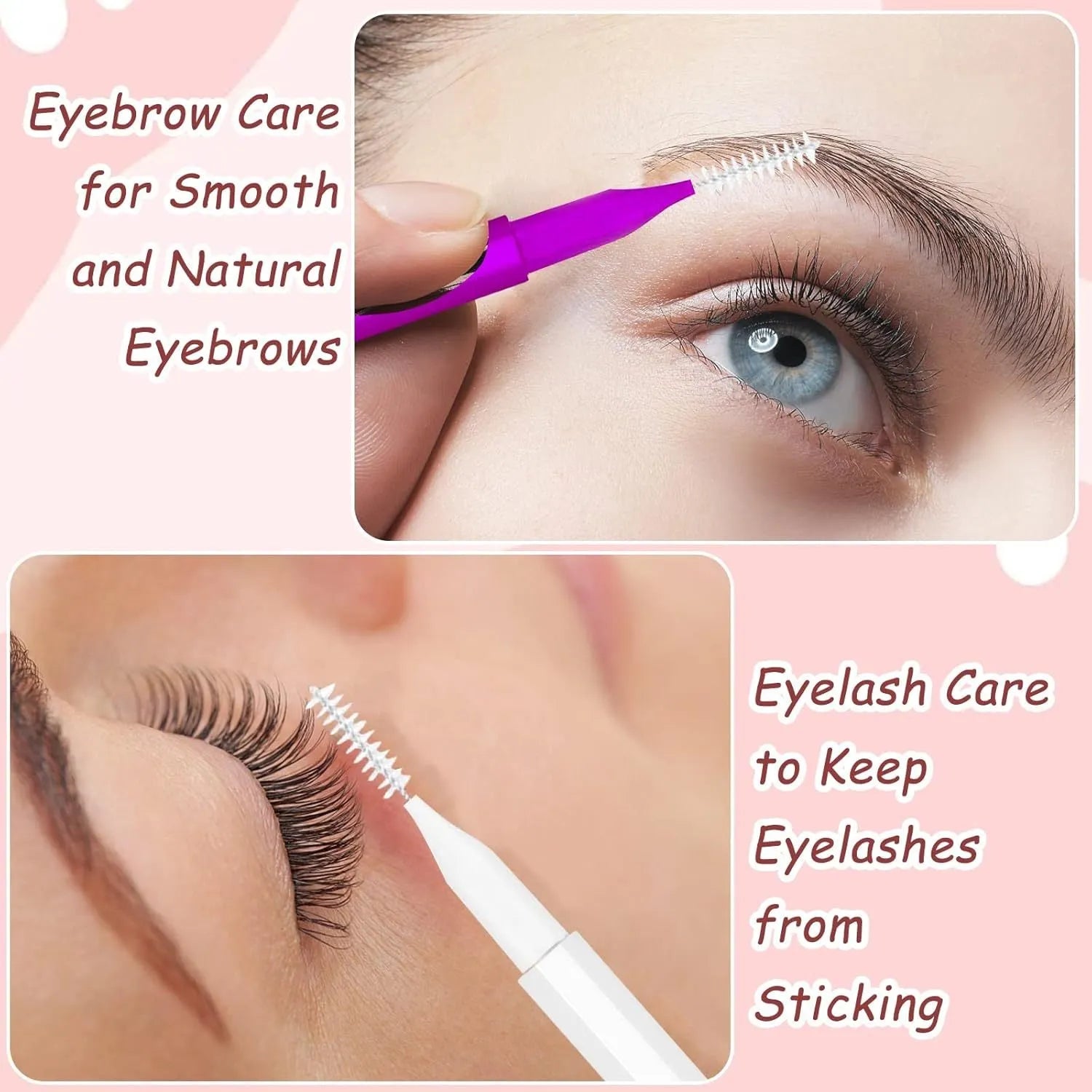 Set of plastic and stainless steel eyebrow and eyelash brushes in black, blue, purple, red, and white with protective caps.