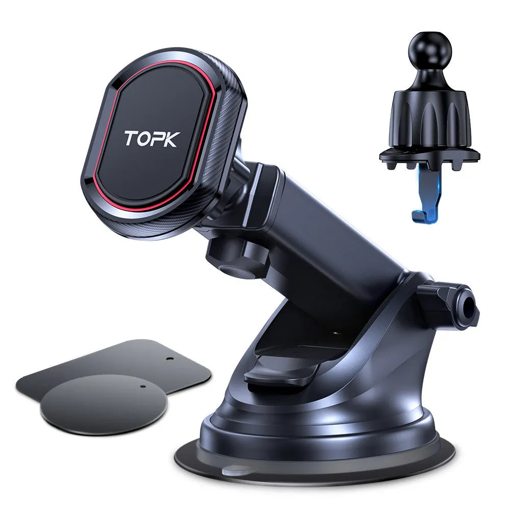 Magnetic car phone holder with suction cup and hook bracket on dashboard