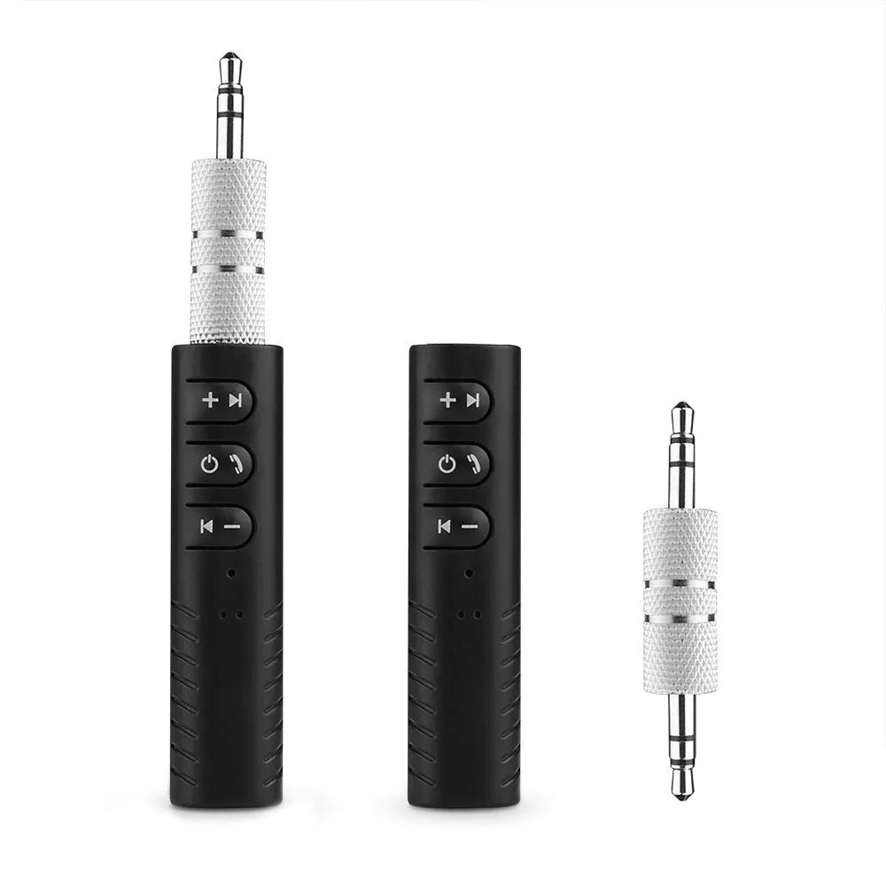 Black universal Bluetooth 4.1 car kit with 3.5mm AUX adapter for wireless music streaming.