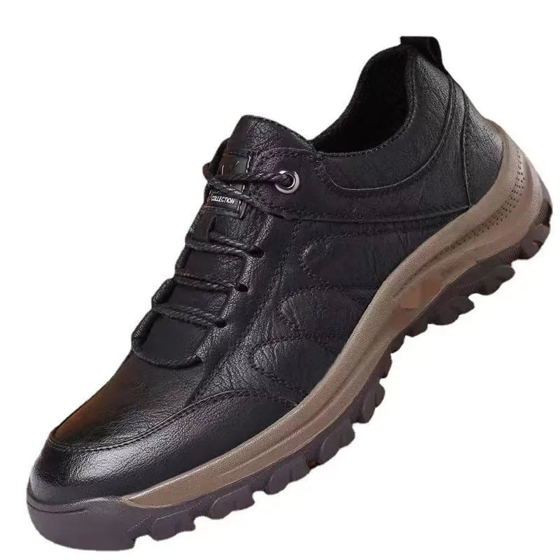 Plus size men's outdoor shoes in black or brown with artificial PU upper, rubber sole, and front lace-up, sizes 39-48