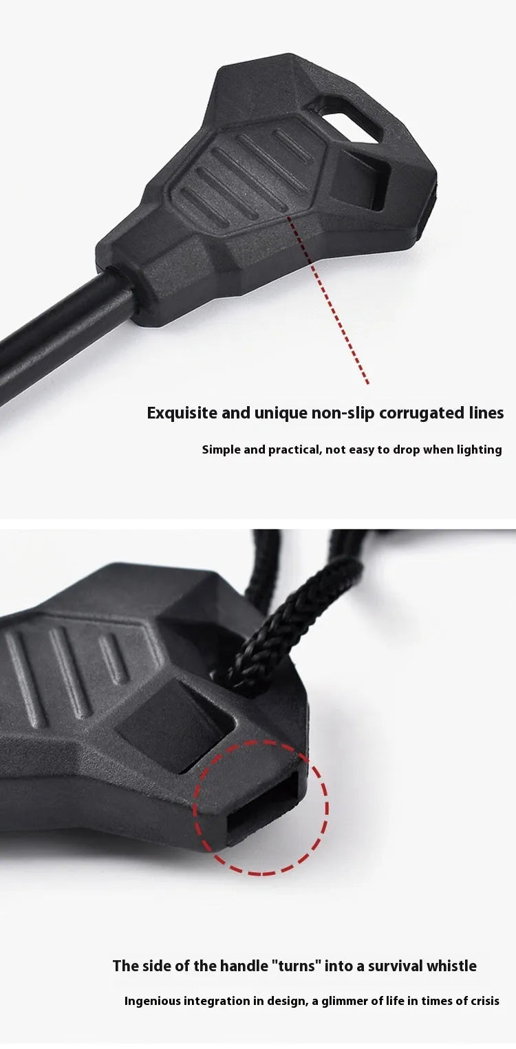 Black outdoor survival flint tool with magnesium rod and stainless steel scraper