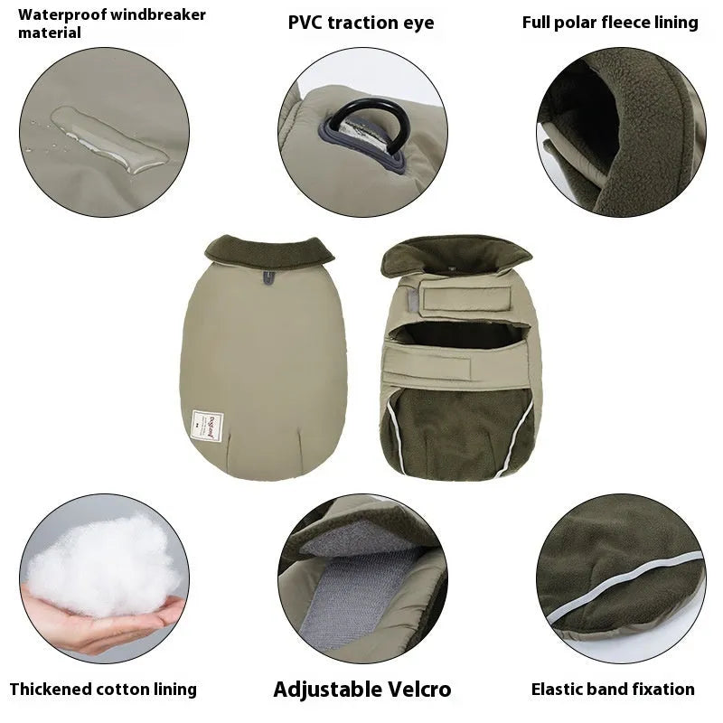 Lapel turtleneck dog cotton-padded vest in sand white, light purple, or khaki green colour