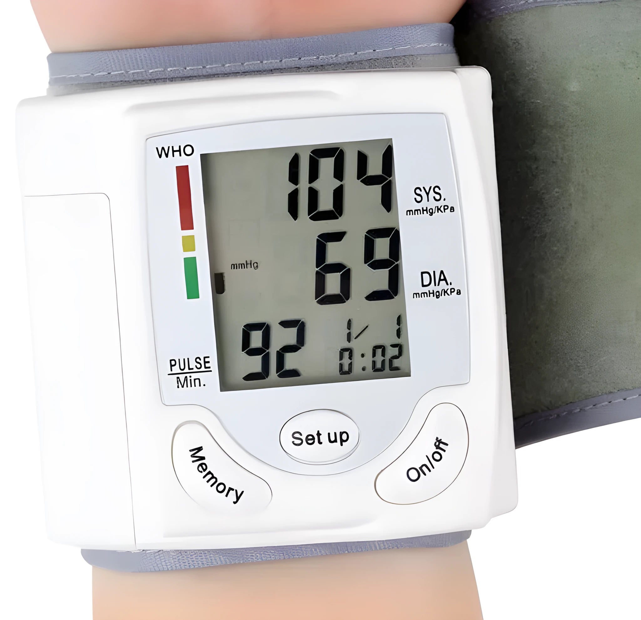 Grey portable wrist blood pressure monitor with digital display showing measurements