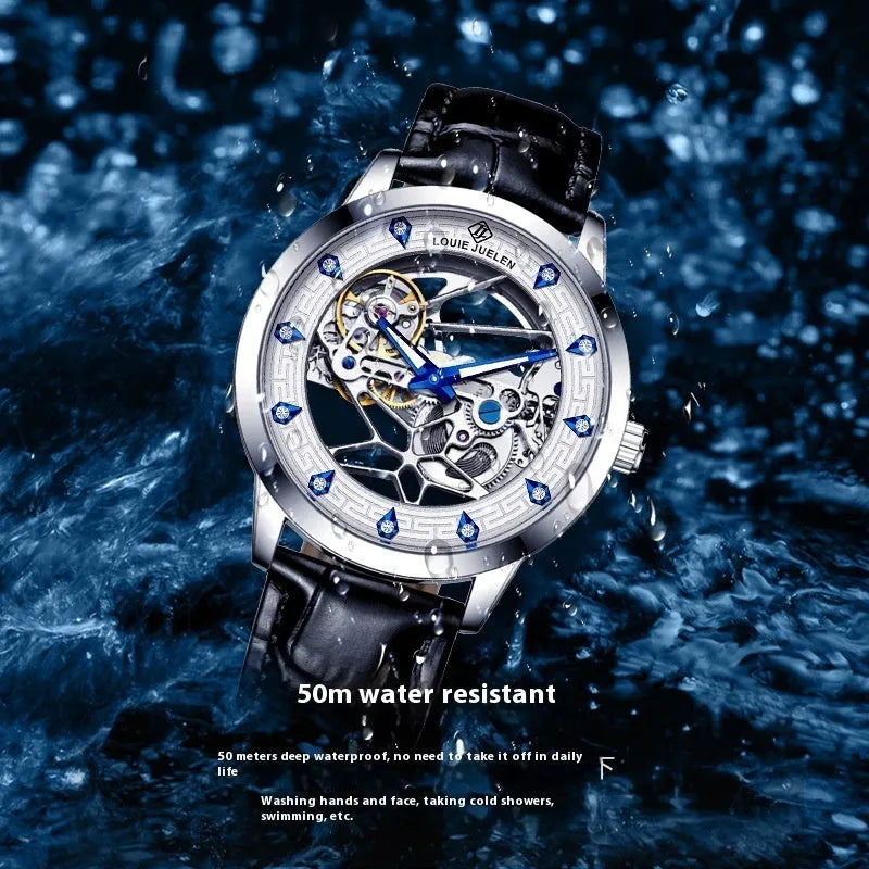 Men's silver stainless steel waterproof mechanical watch with luminous hands on a black genuine leather strap.