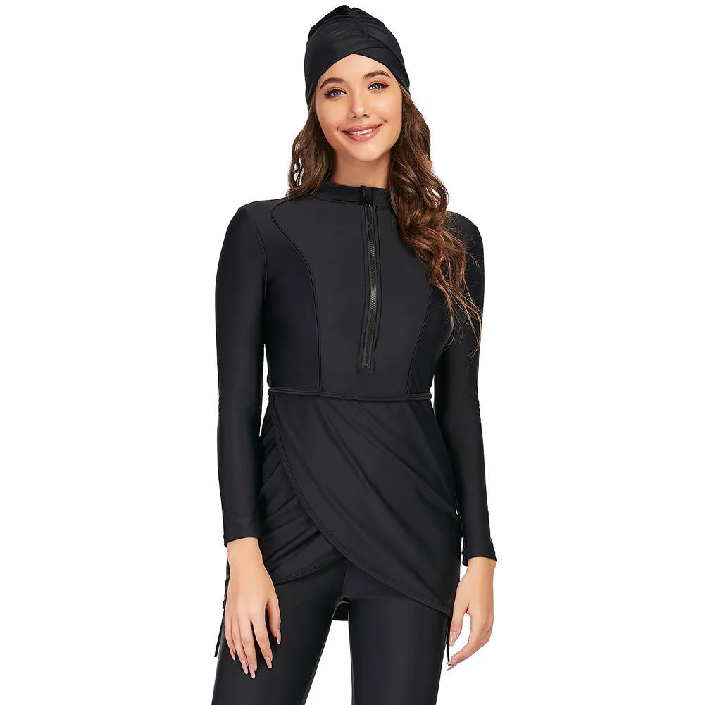 Black conservative Muslim ladies swimsuit burkini with full coverage design