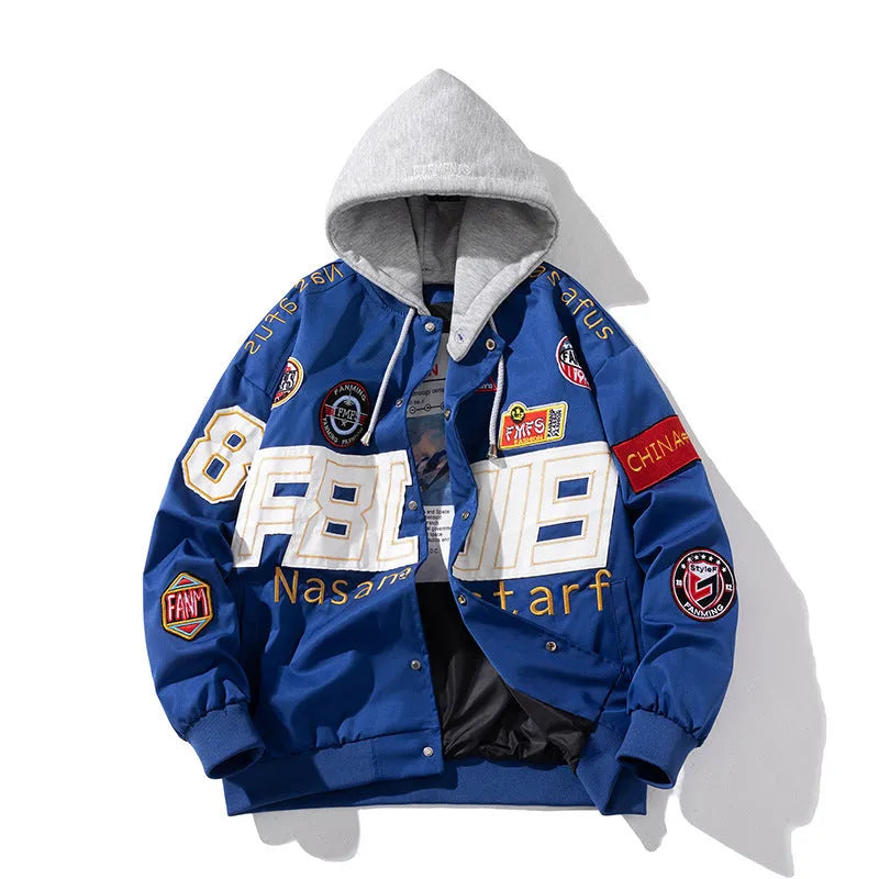 American motorcycle baseball uniform jacket with removable hood options in black red blue colours