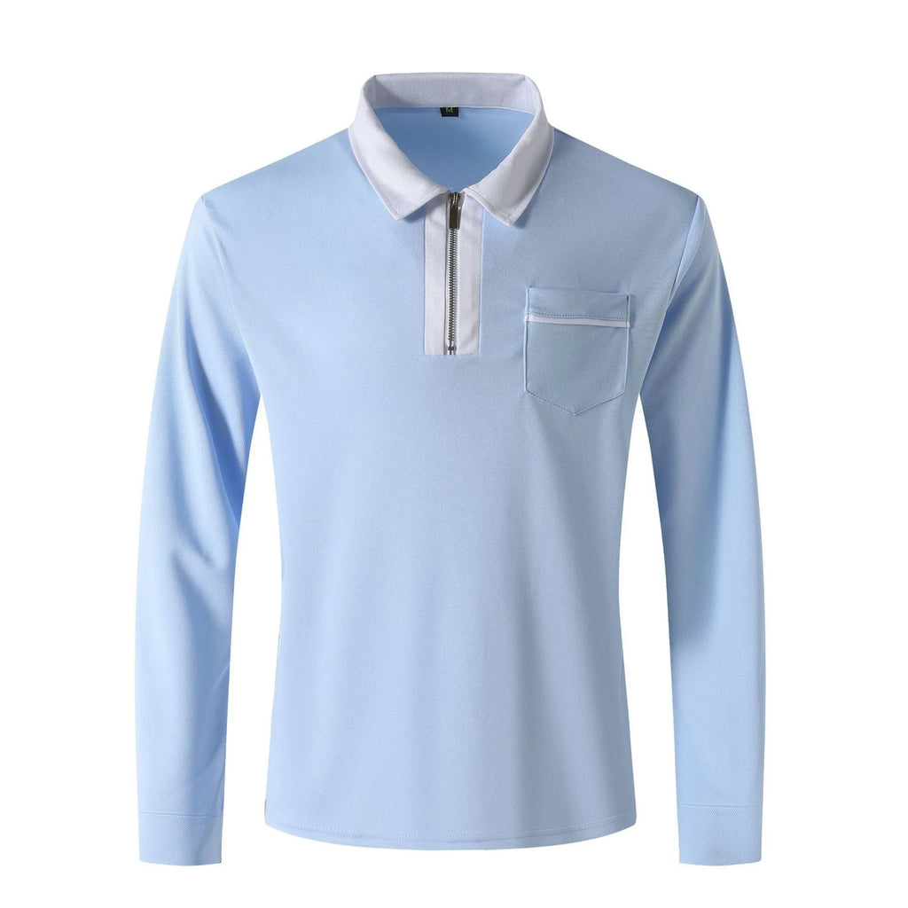 Men's long sleeve zip-up polo shirt with lapel collar in two-tone colour, cotton blend, sizes S-3XL.