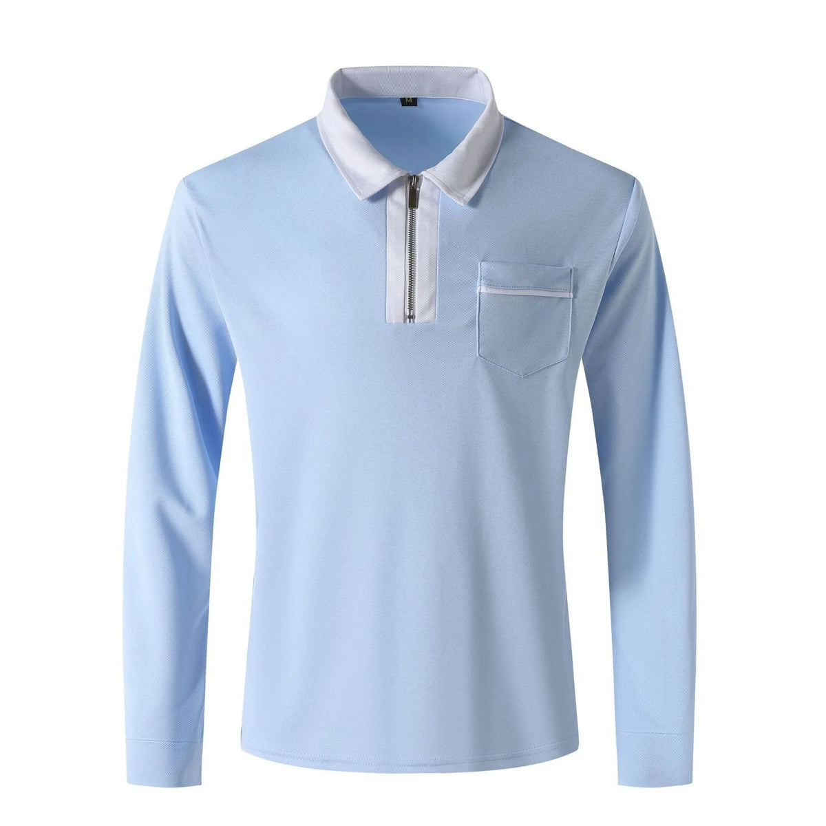 Men's long sleeve zip-up polo shirt with lapel collar in two-tone colour, cotton blend, sizes S-3XL.