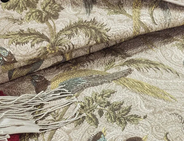 Blue American floral and bird pattern quilted cotton bedspread set on a bed, showing detailed stitching and 230x250cm size.