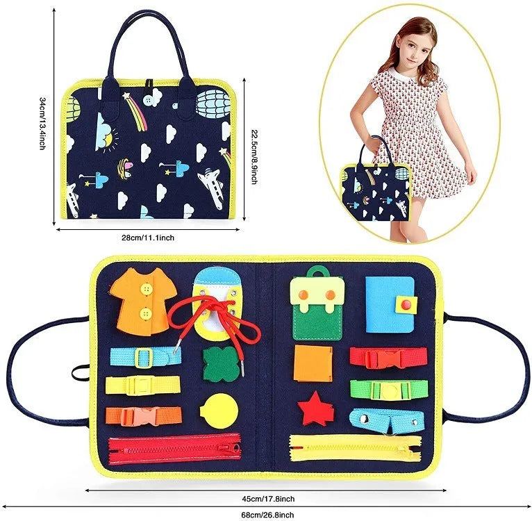 Soft felt busy board for toddlers with dressing and buttoning activities, foldable design, colourful style