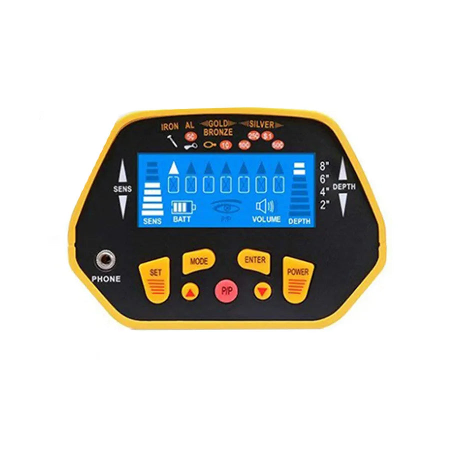 GC1028 black and yellow professional metal detector with LCD screen and adjustable pole on grass.