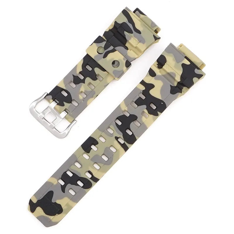 Camouflage pattern TPU watch strap with silver buckle on a grey background.
