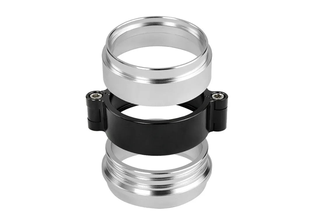 Aluminium fixed movement exhaust clamp for turbo downspouts in black, blue, and red colour options.