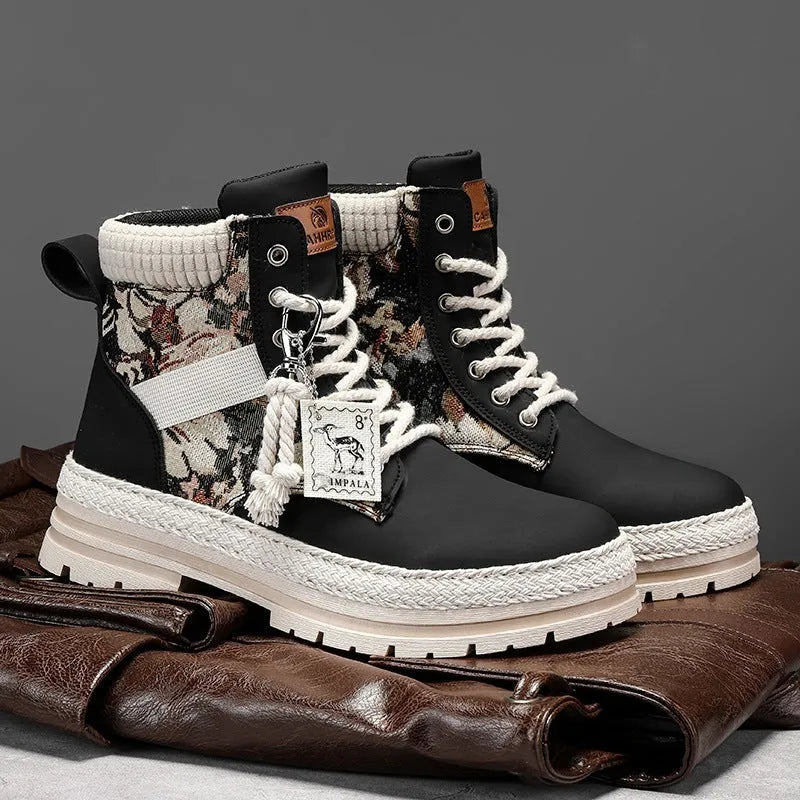 Men's high-top print boots in beige with lace-up front, chunky heel, stitching details, and leather and fabric upper