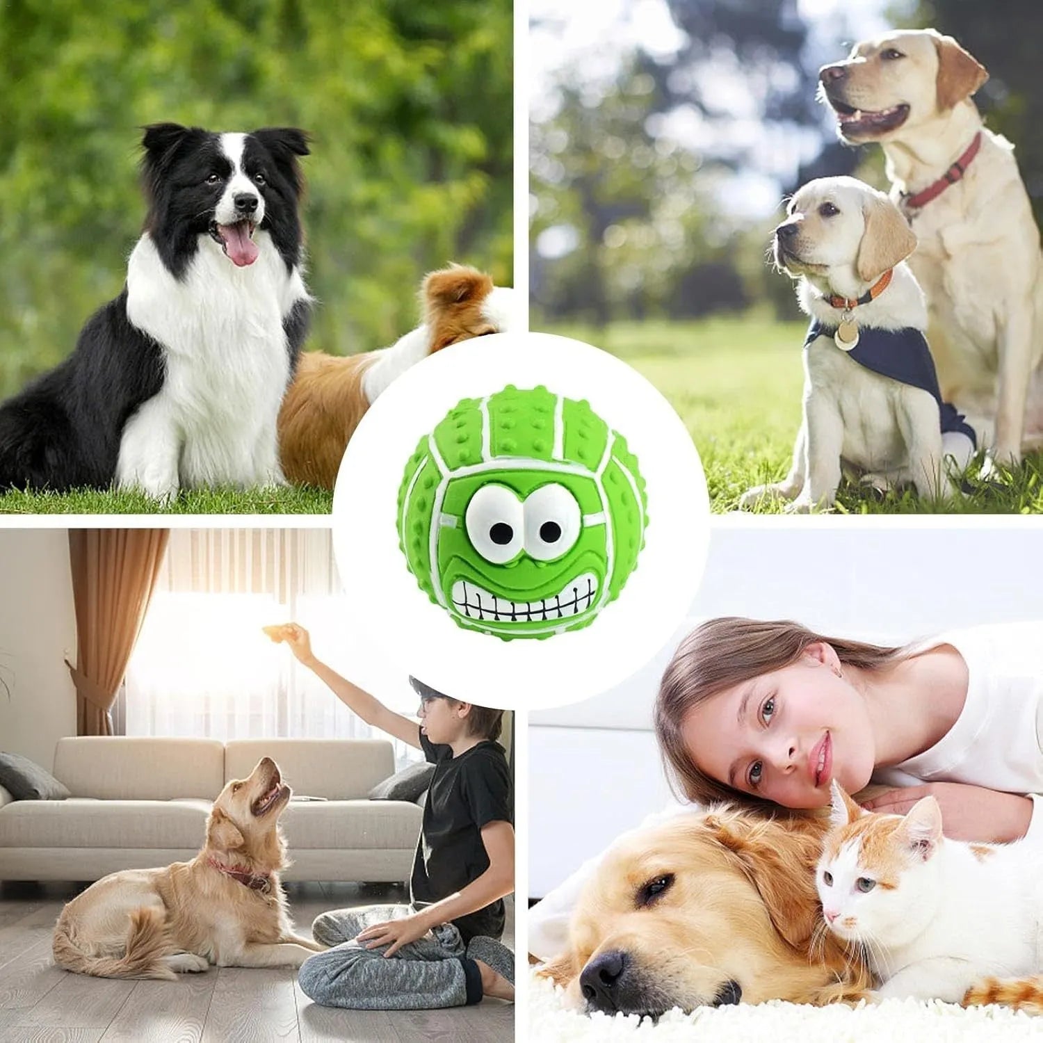 Green latex dog ball with a smiley face and squeaker for fetch games.