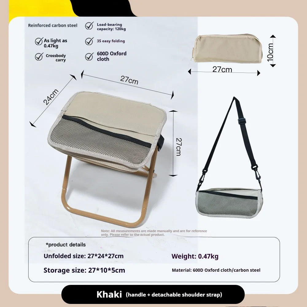 A lightweight foldable camp chair stool in oxford cloth, shown in a khaki colour, folded compactly.