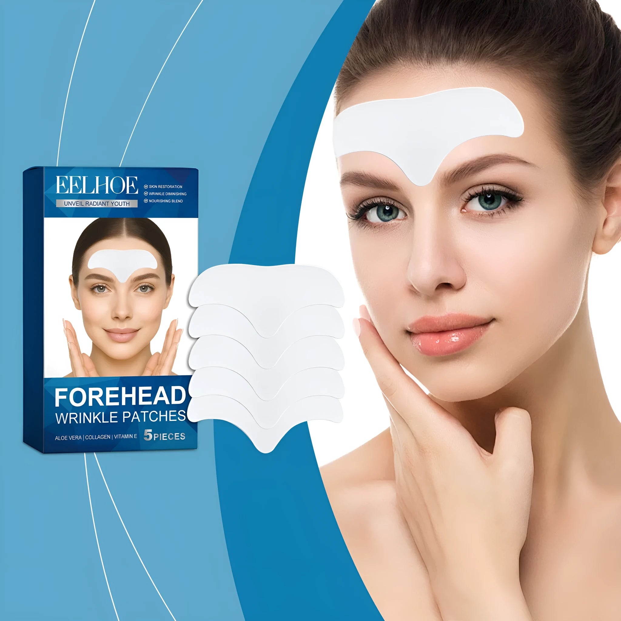 Forehead skincare patches with hyaluronic acid and collagen in five-piece pack
