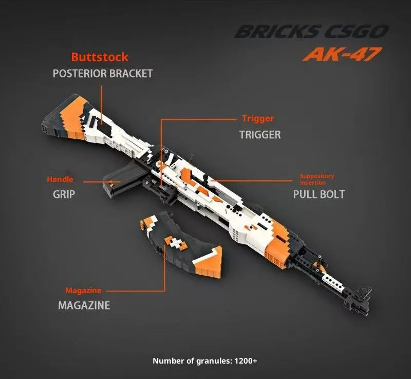 Black and white plastic weapon building block set in box packaging, assembled model shown