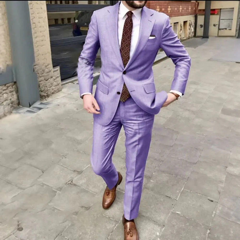 Men's slim fit two-button acetate business suit in light purple, showing jacket and trousers.