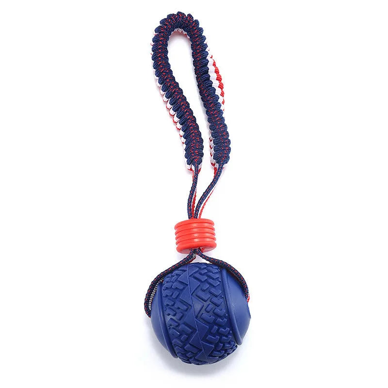 Blue rubber dog ball attached to a rope, a tug and fetch toy for small dogs.