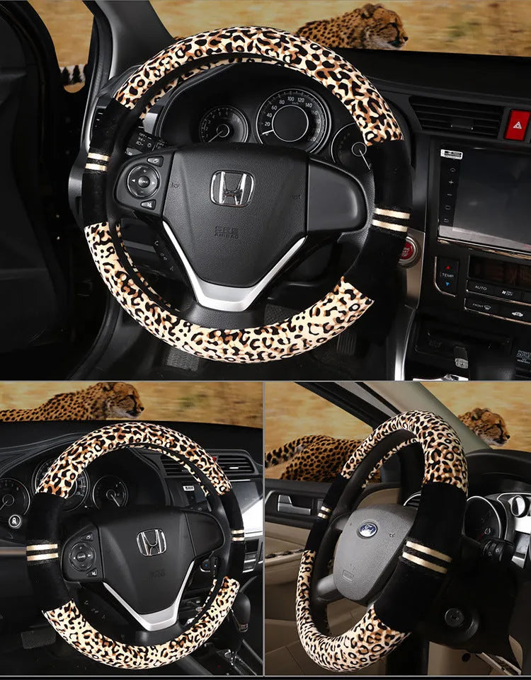 Plush car steering wheel cover with leopard grain pattern in beige, for GM models, 38cm diameter